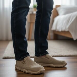 Skechers Mens Slip On Loafers Tan Canvas Goodyear Sole Casual Shoes Size 10